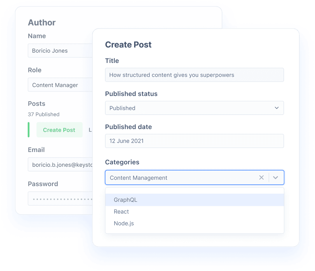 2 Admin UI panes showing creation of relationships in place. Author window opens up a Create Post window where Post categories can be selected.