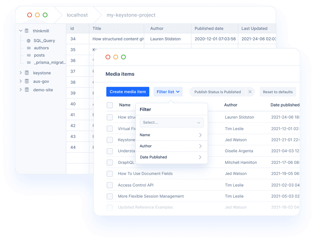 2 application panes. One displays a database configuration app with DB columns and rows containing content. The other displays the same column and row content in Keystone Admin UI.